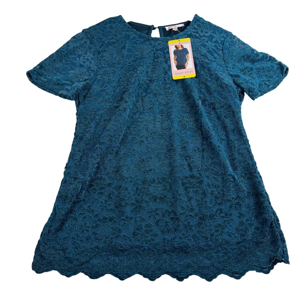 Teddi Rose Teal Blue Floral Lace Short Sleeve Scalloped Hem Blouse Top Small NWT